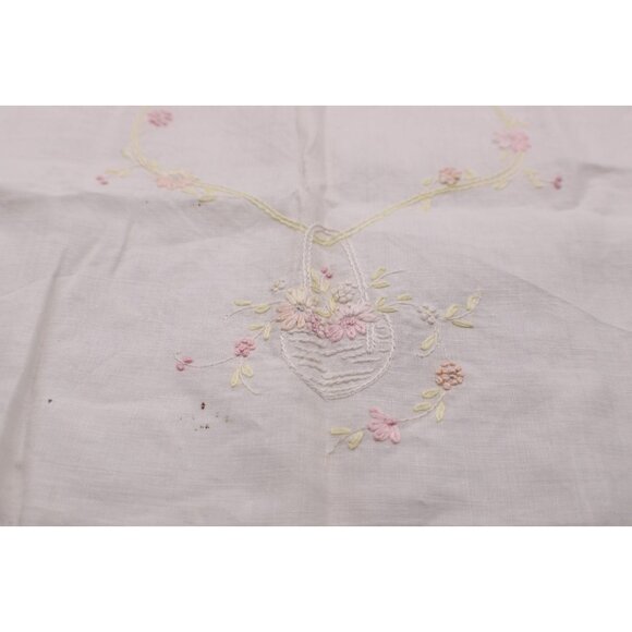 Vtg Handmade Embroidered Linen Table Runner Crochet Trim Floral Basket Design - Picture 2 of 12
